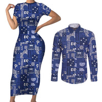 Blue Samoa Manuia Le Kerisimasi Couples Matching Short Sleeve Bodycon Dress and Long Sleeve Button Shirt Pacific Patchwork Xmas Vibes - Polynesian Pride