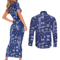 Blue Samoa Manuia Le Kerisimasi Couples Matching Short Sleeve Bodycon Dress and Long Sleeve Button Shirt Pacific Patchwork Xmas Vibes - Polynesian Pride