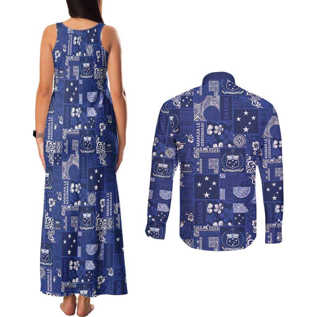 Blue Samoa Manuia Le Kerisimasi Couples Matching Tank Maxi Dress and Long Sleeve Button Shirt Pacific Patchwork Xmas Vibes - Polynesian Pride