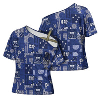 Blue Samoa Manuia Le Kerisimasi Cross Shoulder Shirt Pacific Patchwork Xmas Vibes - Polynesian Pride