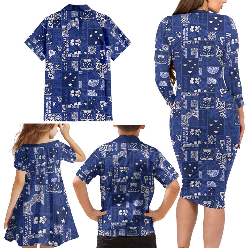 Blue Samoa Manuia Le Kerisimasi Family Matching Long Sleeve Bodycon Dress and Hawaiian Shirt Pacific Patchwork Xmas Vibes - Polynesian Pride
