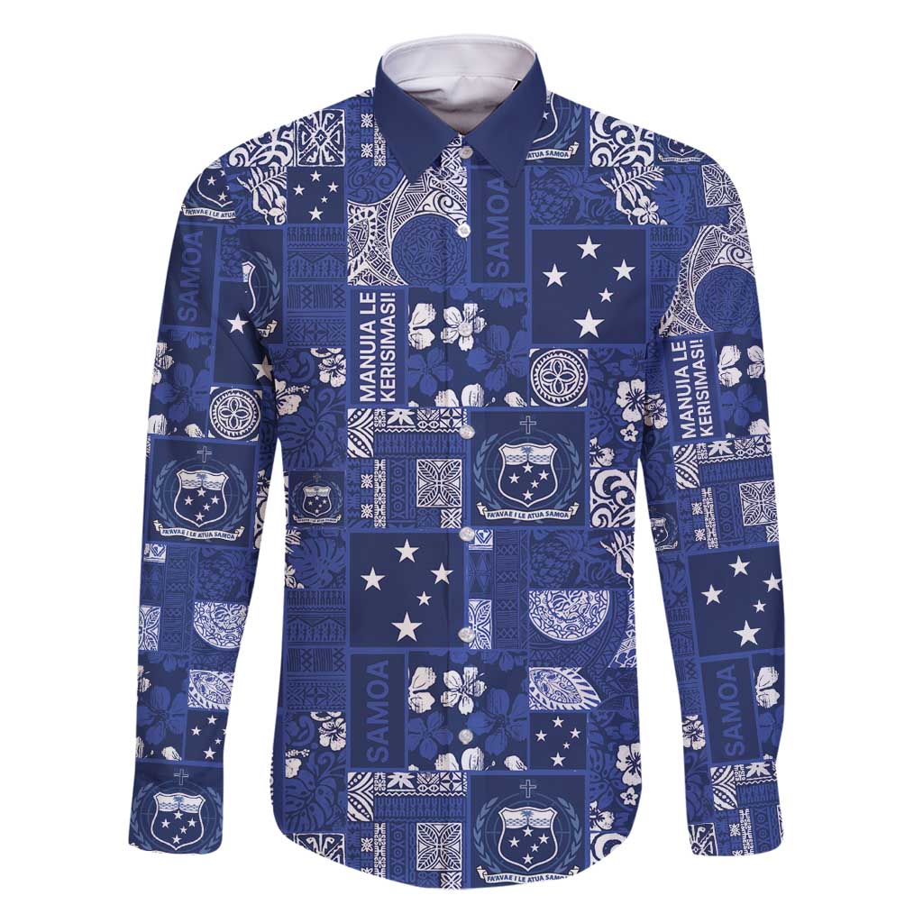 Blue Samoa Manuia Le Kerisimasi Family Matching Long Sleeve Bodycon Dress and Hawaiian Shirt Pacific Patchwork Xmas Vibes - Polynesian Pride