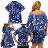 Blue Samoa Manuia Le Kerisimasi Family Matching Off Shoulder Short Dress and Hawaiian Shirt Pacific Patchwork Xmas Vibes - Polynesian Pride