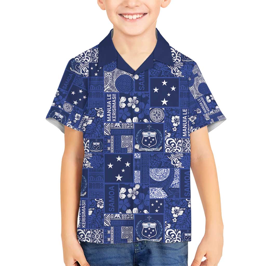 Blue Samoa Manuia Le Kerisimasi Family Matching Off Shoulder Short Dress and Hawaiian Shirt Pacific Patchwork Xmas Vibes - Polynesian Pride