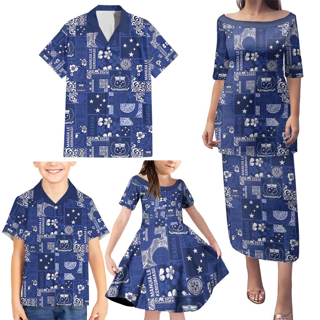 Blue Samoa Manuia Le Kerisimasi Family Matching Puletasi and Hawaiian Shirt Pacific Patchwork Xmas Vibes - Polynesian Pride
