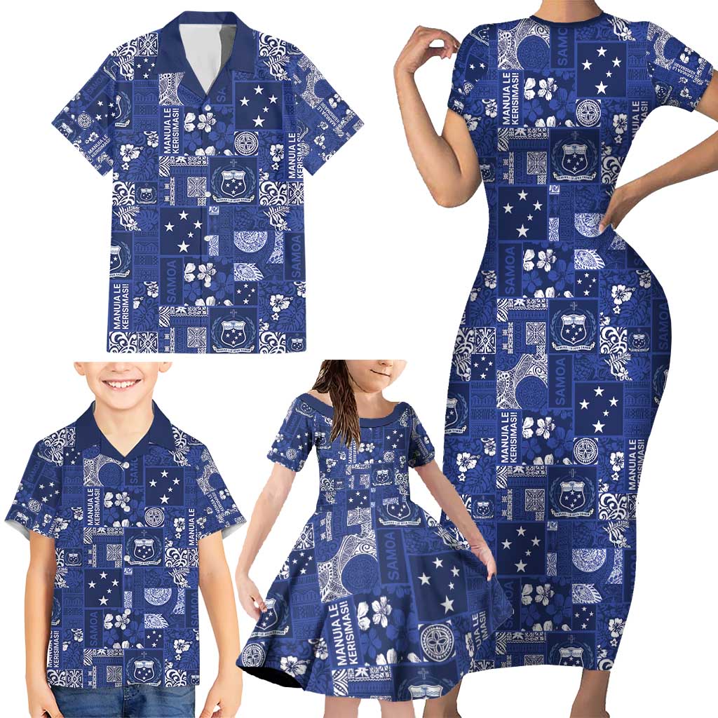 Blue Samoa Manuia Le Kerisimasi Family Matching Short Sleeve Bodycon Dress and Hawaiian Shirt Pacific Patchwork Xmas Vibes - Polynesian Pride