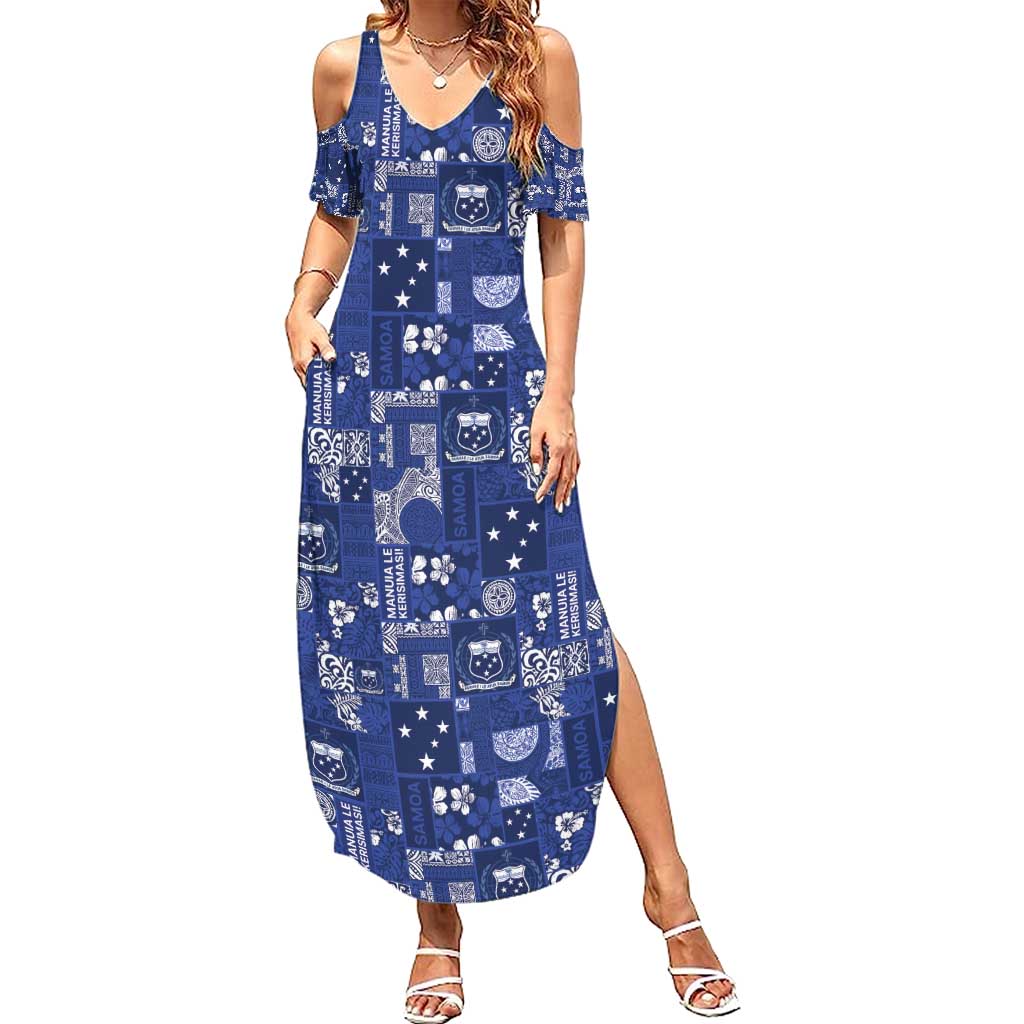 Blue Samoa Manuia Le Kerisimasi Family Matching Summer Maxi Dress and Hawaiian Shirt Pacific Patchwork Xmas Vibes - Polynesian Pride