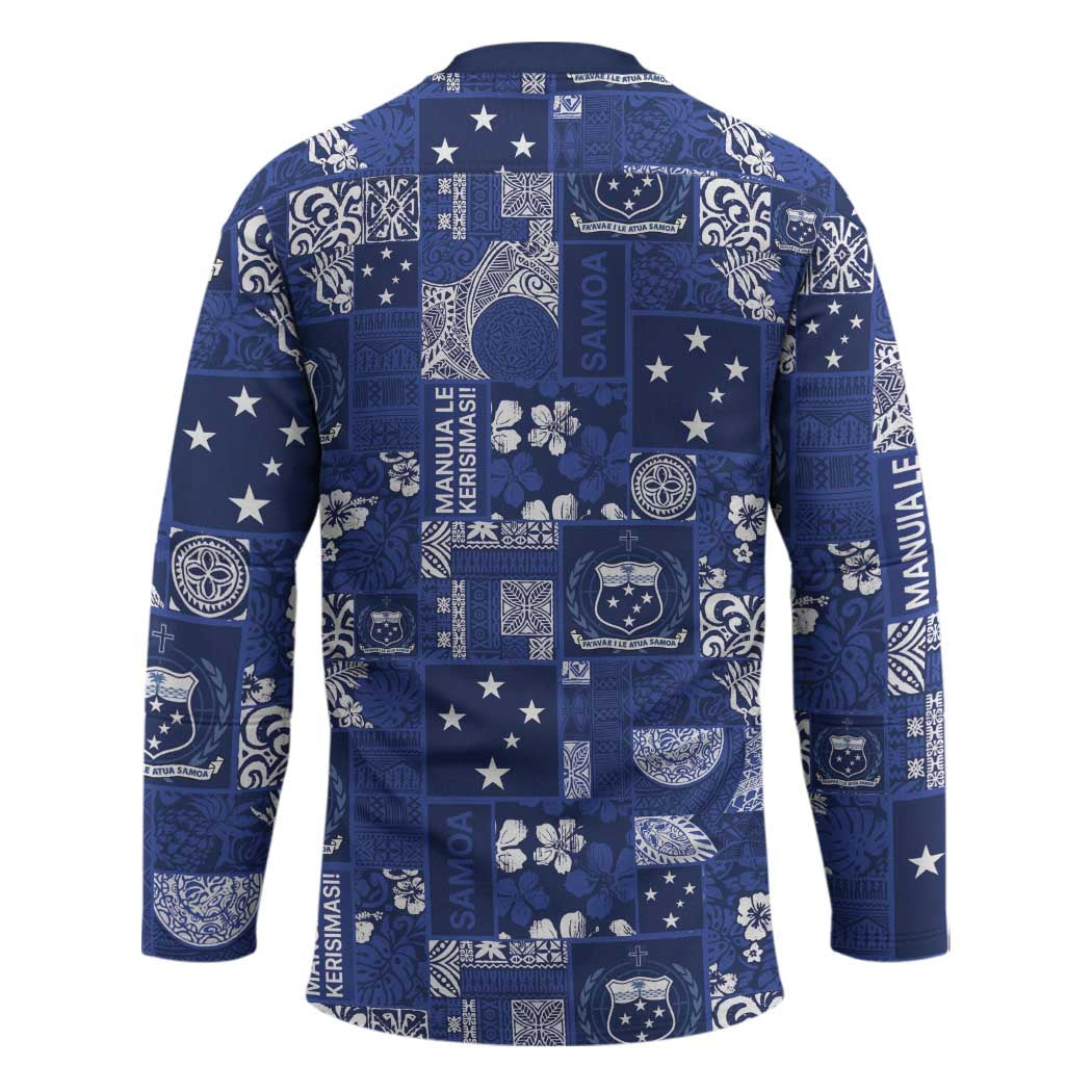 Blue Samoa Manuia Le Kerisimasi Hockey Jersey Pacific Patchwork Xmas Vibes - Polynesian Pride