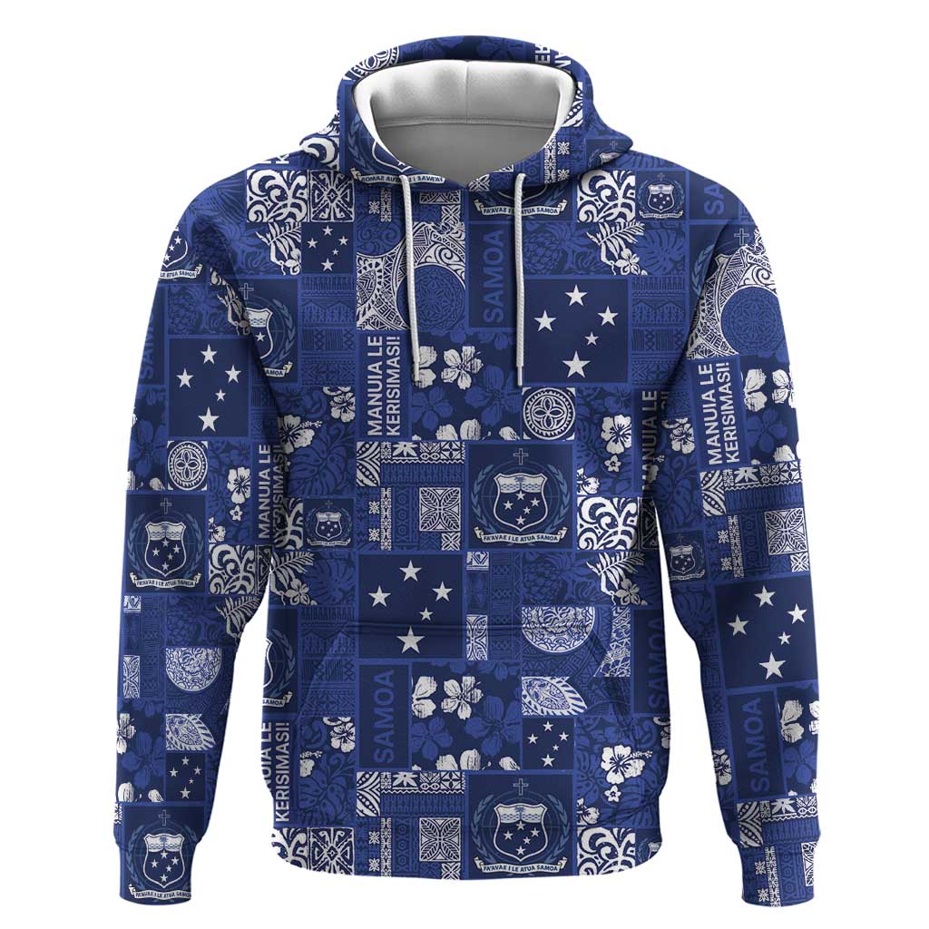 Blue Samoa Manuia Le Kerisimasi Hoodie Pacific Patchwork Xmas Vibes - Polynesian Pride