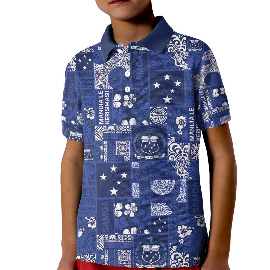 Blue Samoa Manuia Le Kerisimasi Kid Polo Shirt Pacific Patchwork Xmas Vibes - Polynesian Pride