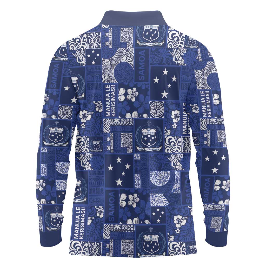 Blue Samoa Manuia Le Kerisimasi Long Sleeve Polo Shirt Pacific Patchwork Xmas Vibes - Polynesian Pride
