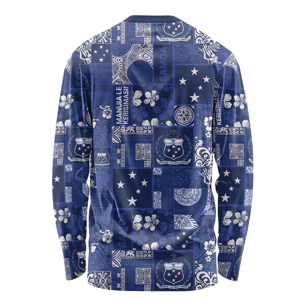 Blue Samoa Manuia Le Kerisimasi Long Sleeve Shirt Pacific Patchwork Xmas Vibes - Polynesian Pride