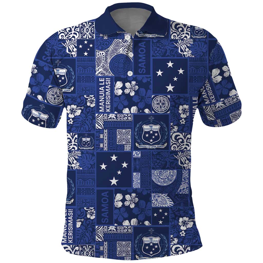 Blue Samoa Manuia Le Kerisimasi Polo Shirt Pacific Patchwork Xmas Vibes - Polynesian Pride