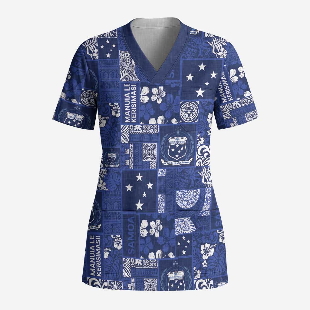 Blue Samoa Manuia Le Kerisimasi Scrub Top Pacific Patchwork Xmas Vibes - Polynesian Pride