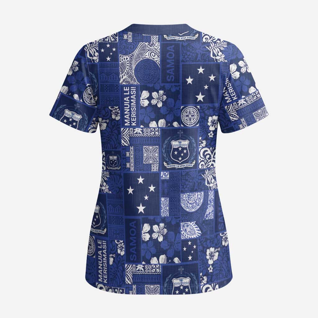 Blue Samoa Manuia Le Kerisimasi Scrub Top Pacific Patchwork Xmas Vibes - Polynesian Pride