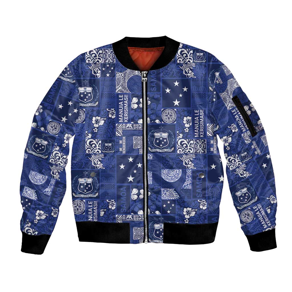 Blue Samoa Manuia Le Kerisimasi Sleeve Zip Bomber Jacket Pacific Patchwork Xmas Vibes - Polynesian Pride