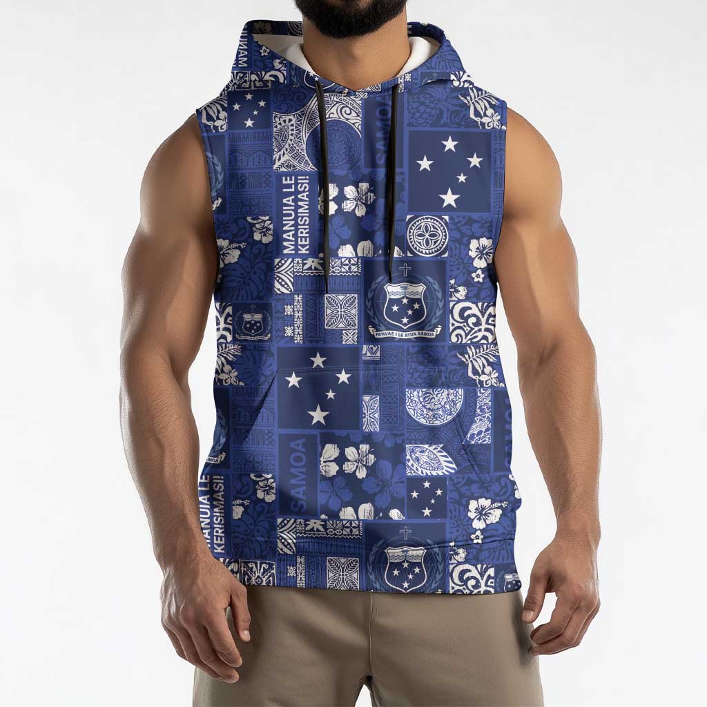 Blue Samoa Manuia Le Kerisimasi Sleeveless Hoodie Pacific Patchwork Xmas Vibes - Polynesian Pride