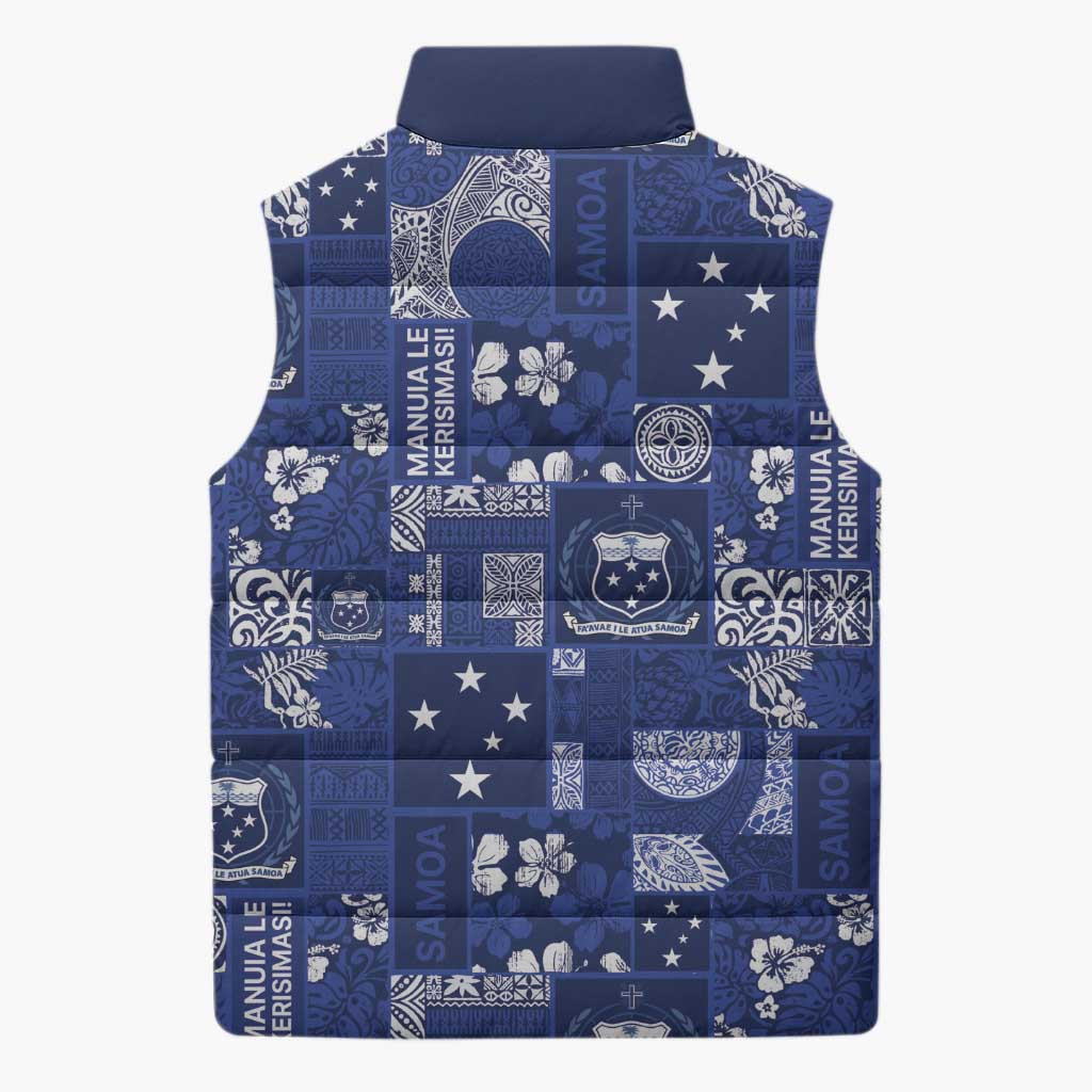 Blue Samoa Manuia Le Kerisimasi Sleeveless Puffer Jacket Pacific Patchwork Xmas Vibes - Polynesian Pride