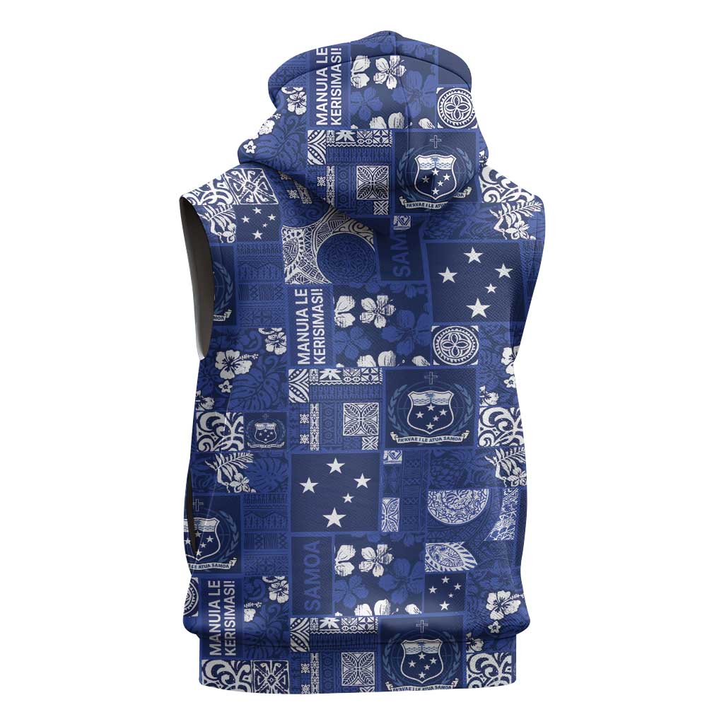 Blue Samoa Manuia Le Kerisimasi Sleeveless Zip Hoodie Pacific Patchwork Xmas Vibes - Polynesian Pride
