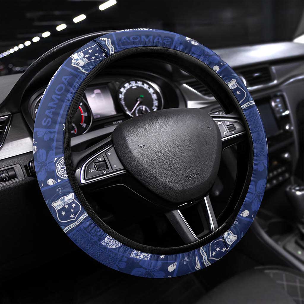 Blue Samoa Manuia Le Kerisimasi Steering Wheel Cover Pacific Patchwork Xmas Vibes - Polynesian Pride