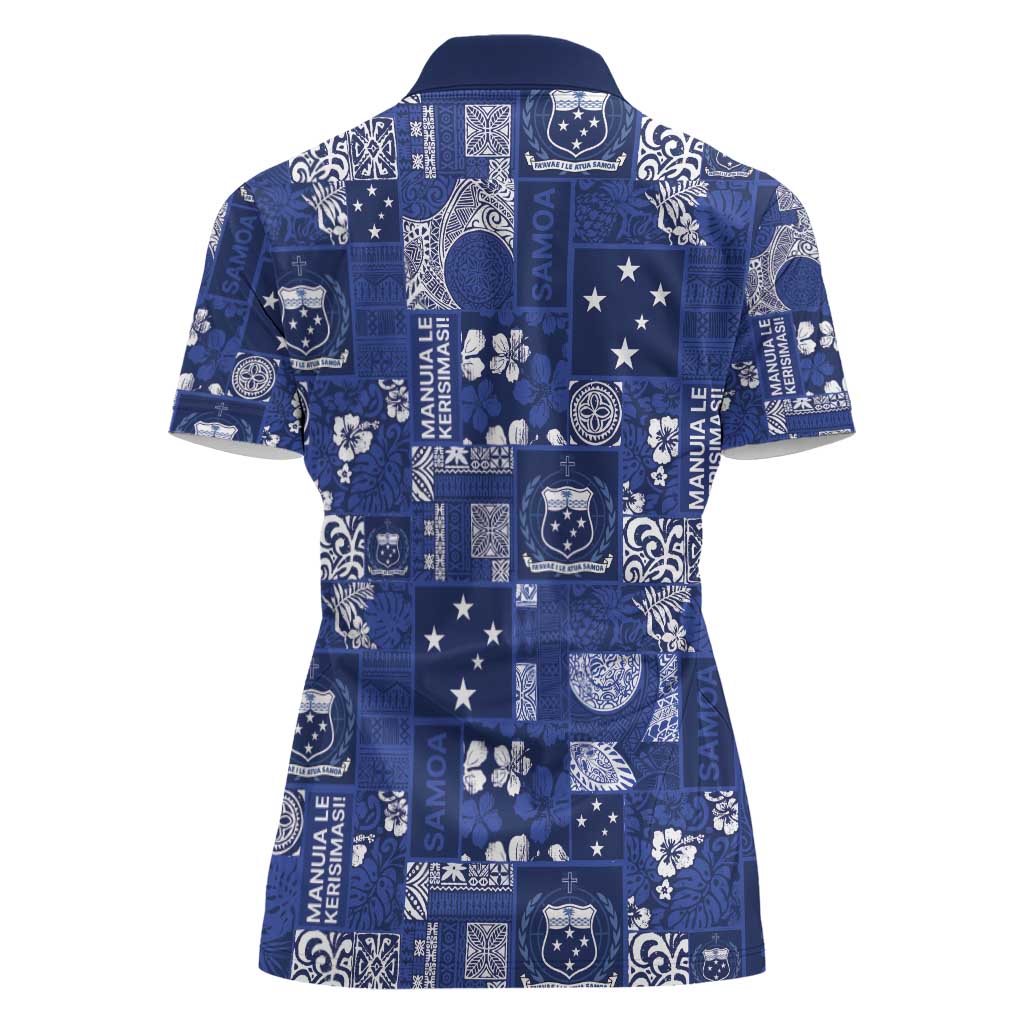 Blue Samoa Manuia Le Kerisimasi Women Polo Shirt Pacific Patchwork Xmas Vibes - Polynesian Pride