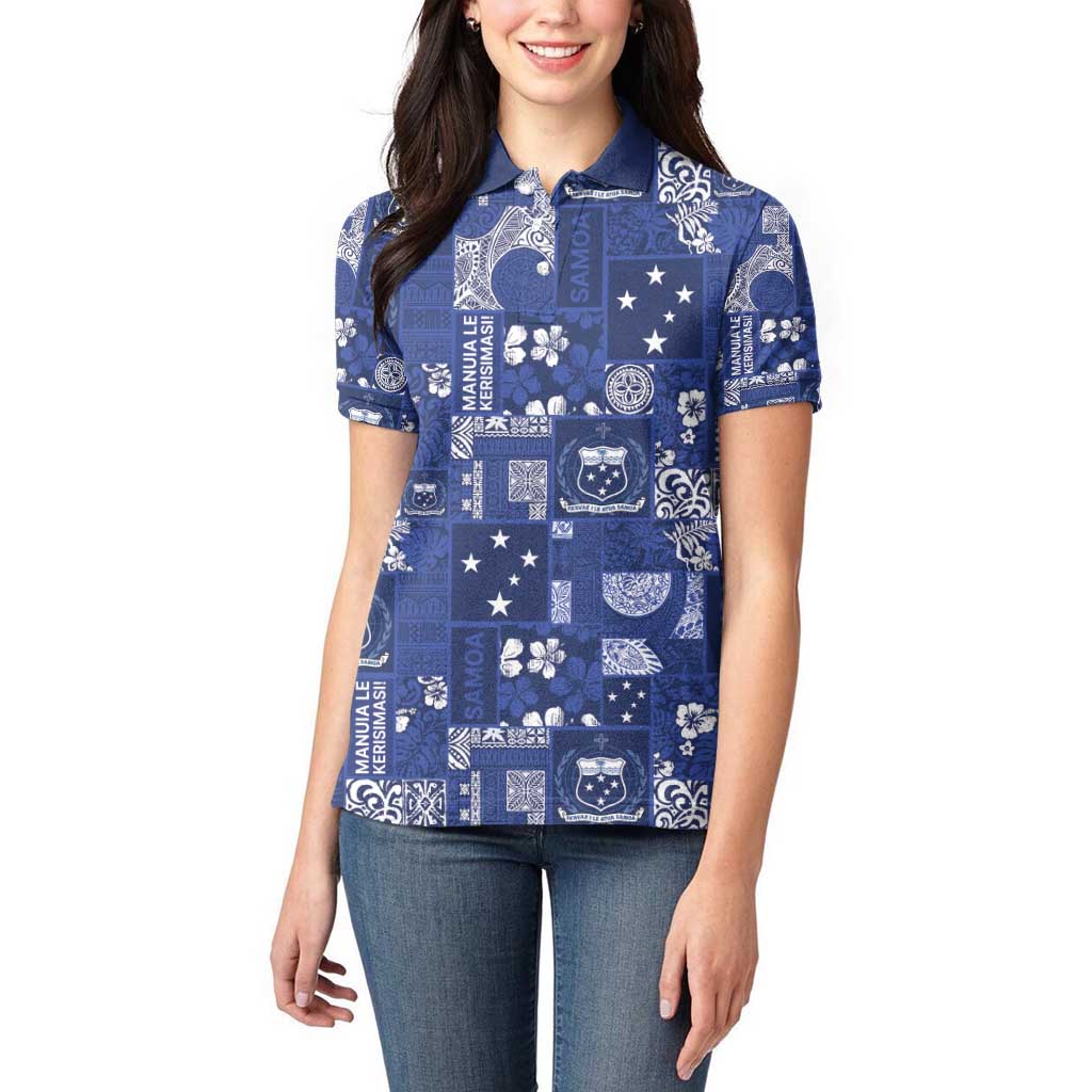Blue Samoa Manuia Le Kerisimasi Women Polo Shirt Pacific Patchwork Xmas Vibes - Polynesian Pride