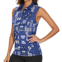 Blue Samoa Manuia Le Kerisimasi Women Sleeveless Polo Shirt Pacific Patchwork Xmas Vibes - Polynesian Pride