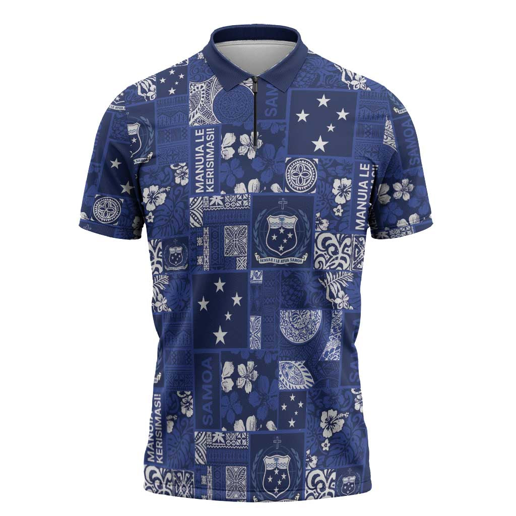 Blue Samoa Manuia Le Kerisimasi Zipper Polo Shirt Pacific Patchwork Xmas Vibes - Polynesian Pride