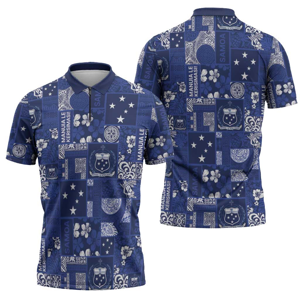 Blue Samoa Manuia Le Kerisimasi Zipper Polo Shirt Pacific Patchwork Xmas Vibes - Polynesian Pride