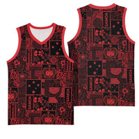 Dark Samoa Manuia Le Kerisimasi Basketball Jersey Pacific Patchwork Xmas Vibes - Polynesian Pride