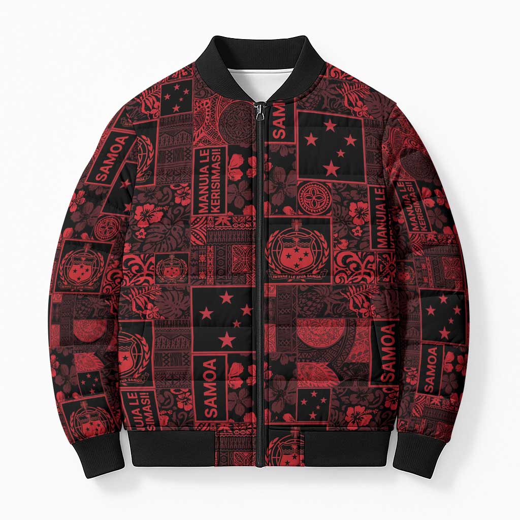 Dark Samoa Manuia Le Kerisimasi Bomber Puffer Jacket Pacific Patchwork Xmas Vibes - Polynesian Pride