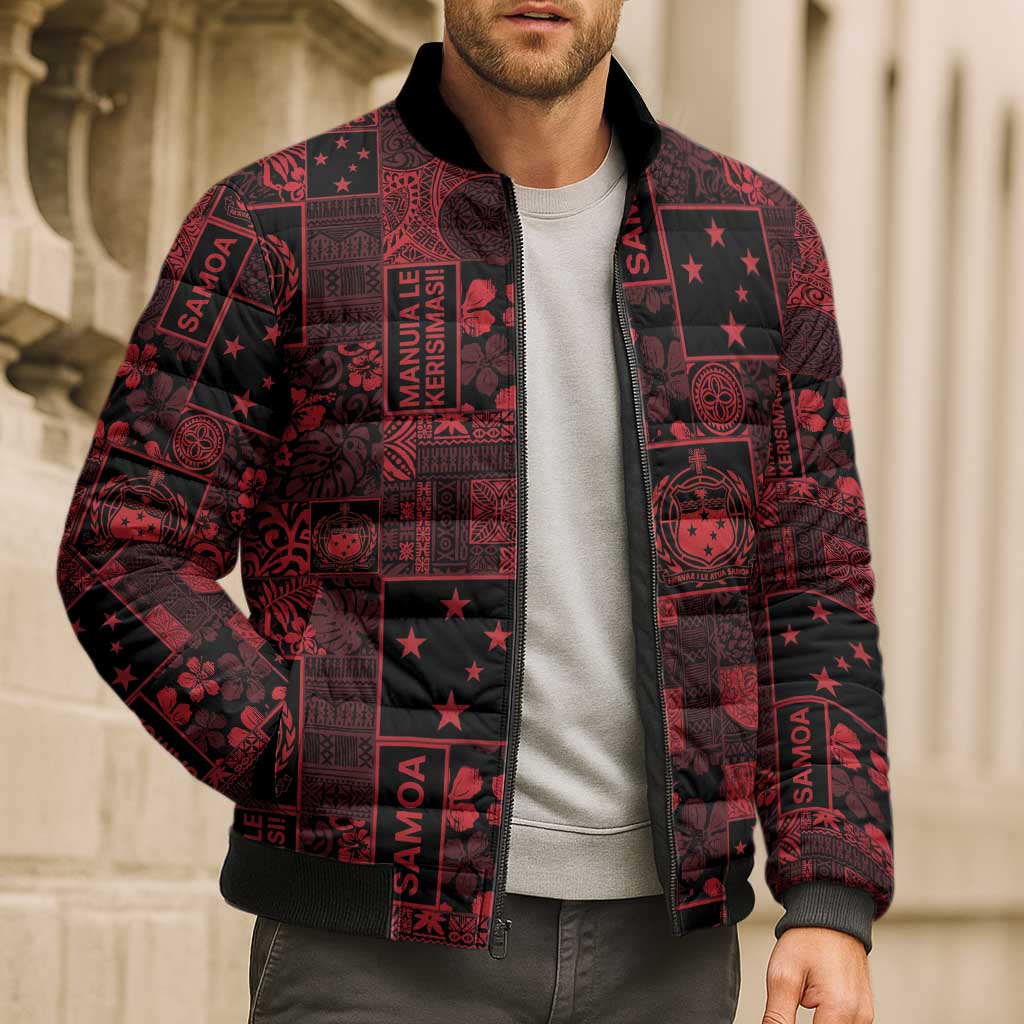 Dark Samoa Manuia Le Kerisimasi Bomber Puffer Jacket Pacific Patchwork Xmas Vibes - Polynesian Pride