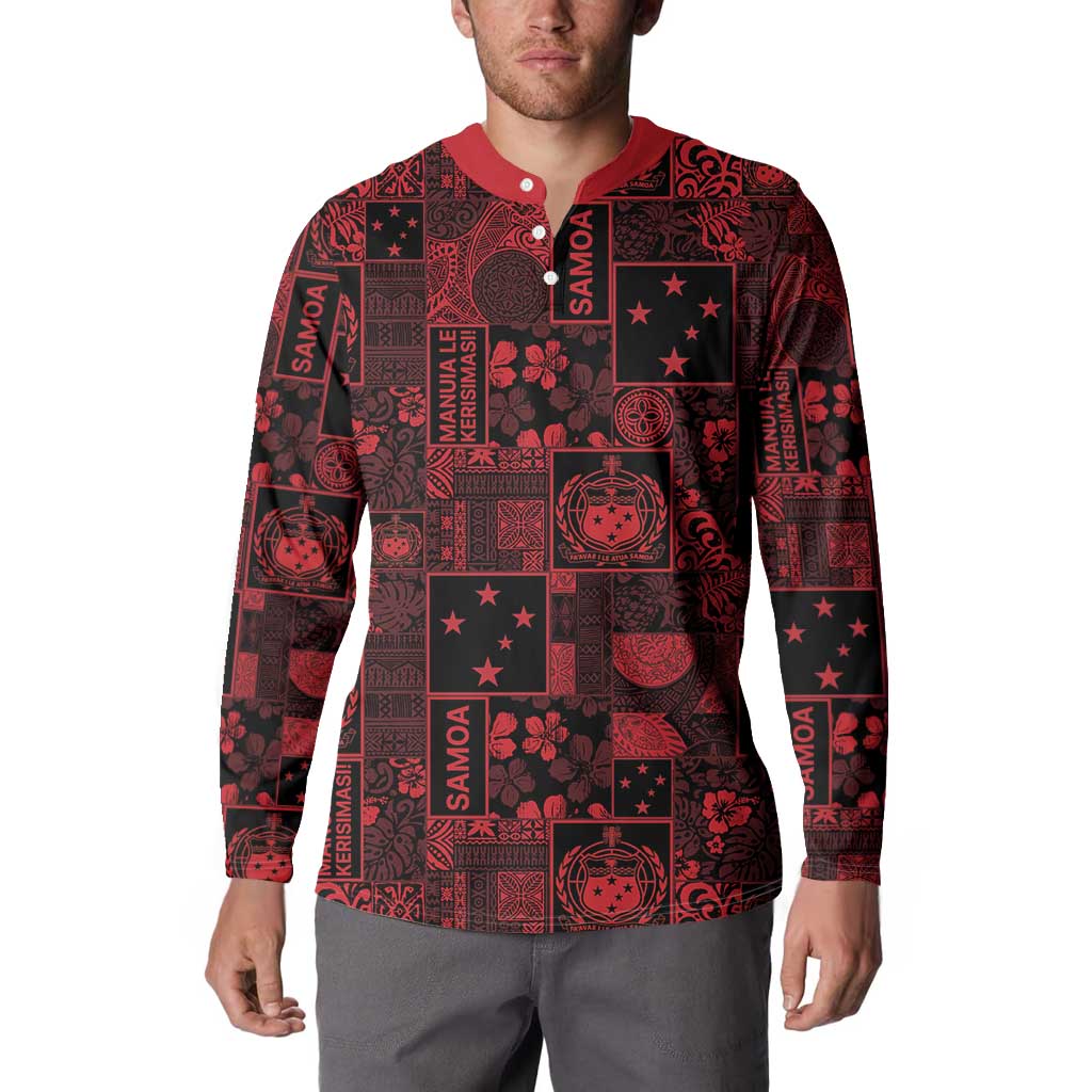 Dark Samoa Manuia Le Kerisimasi Button Sweatshirt Pacific Patchwork Xmas Vibes - Polynesian Pride