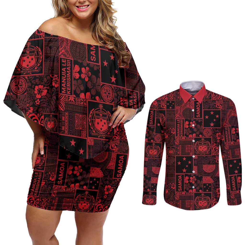 Dark Samoa Manuia Le Kerisimasi Couples Matching Off Shoulder Short Dress and Long Sleeve Button Shirt Pacific Patchwork Xmas Vibes - Polynesian Pride