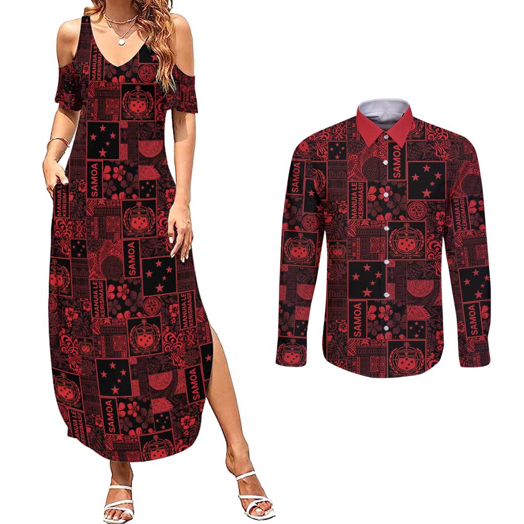 Dark Samoa Manuia Le Kerisimasi Couples Matching Summer Maxi Dress and Long Sleeve Button Shirt Pacific Patchwork Xmas Vibes - Polynesian Pride