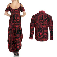 Dark Samoa Manuia Le Kerisimasi Couples Matching Summer Maxi Dress and Long Sleeve Button Shirt Pacific Patchwork Xmas Vibes - Polynesian Pride