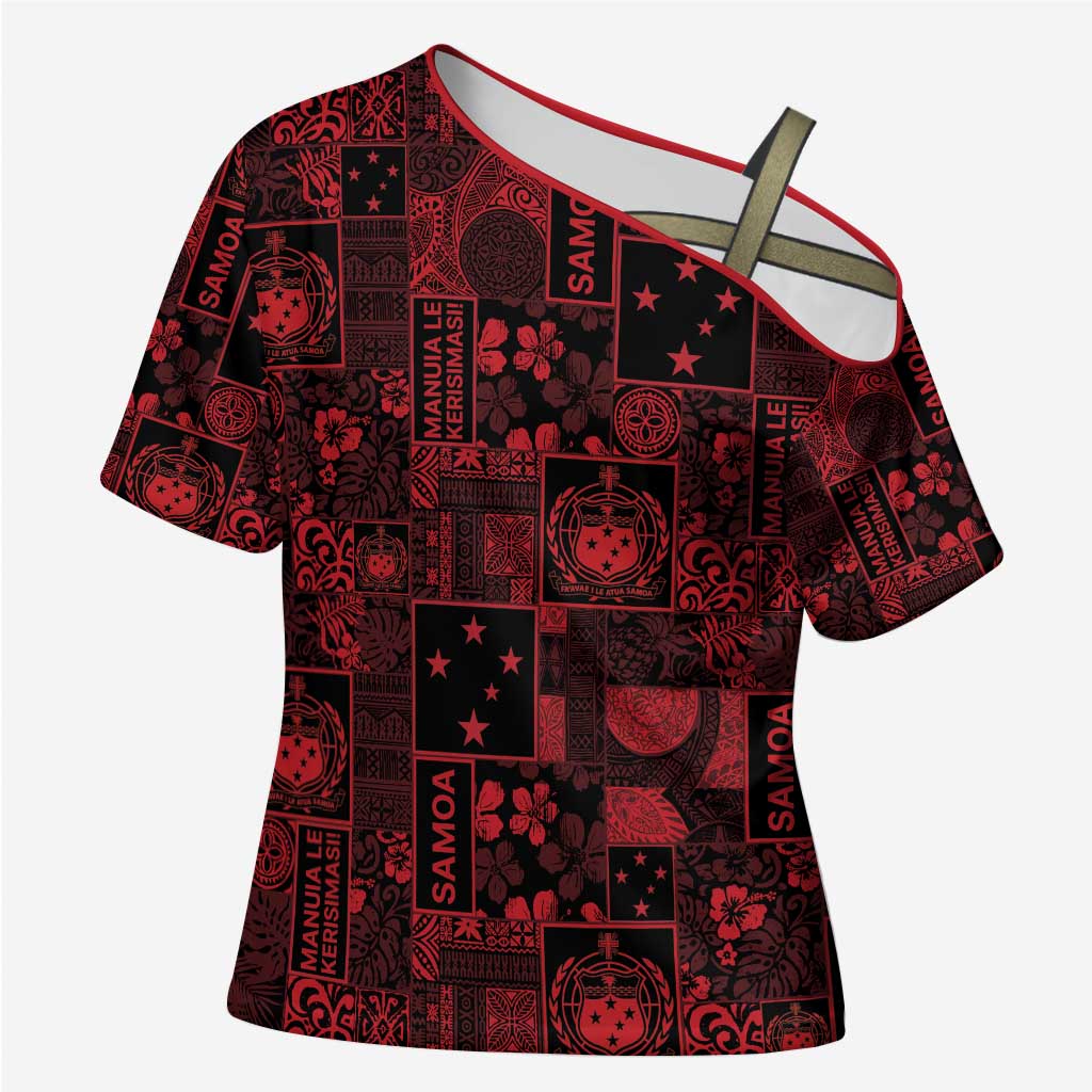 Dark Samoa Manuia Le Kerisimasi Cross Shoulder Shirt Pacific Patchwork Xmas Vibes - Polynesian Pride