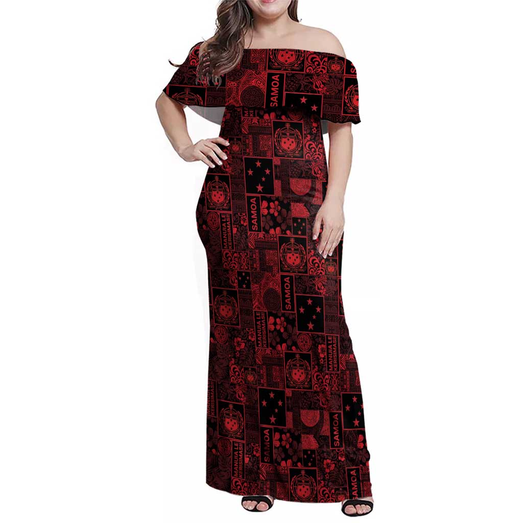 Dark Samoa Manuia Le Kerisimasi Family Matching Off Shoulder Maxi Dress and Hawaiian Shirt Pacific Patchwork Xmas Vibes - Polynesian Pride