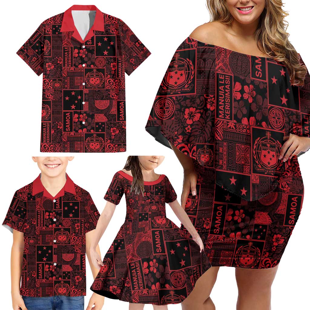 Dark Samoa Manuia Le Kerisimasi Family Matching Off Shoulder Short Dress and Hawaiian Shirt Pacific Patchwork Xmas Vibes - Polynesian Pride