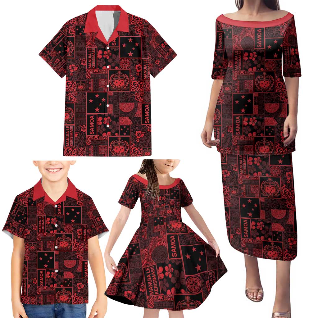 Dark Samoa Manuia Le Kerisimasi Family Matching Puletasi and Hawaiian Shirt Pacific Patchwork Xmas Vibes - Polynesian Pride