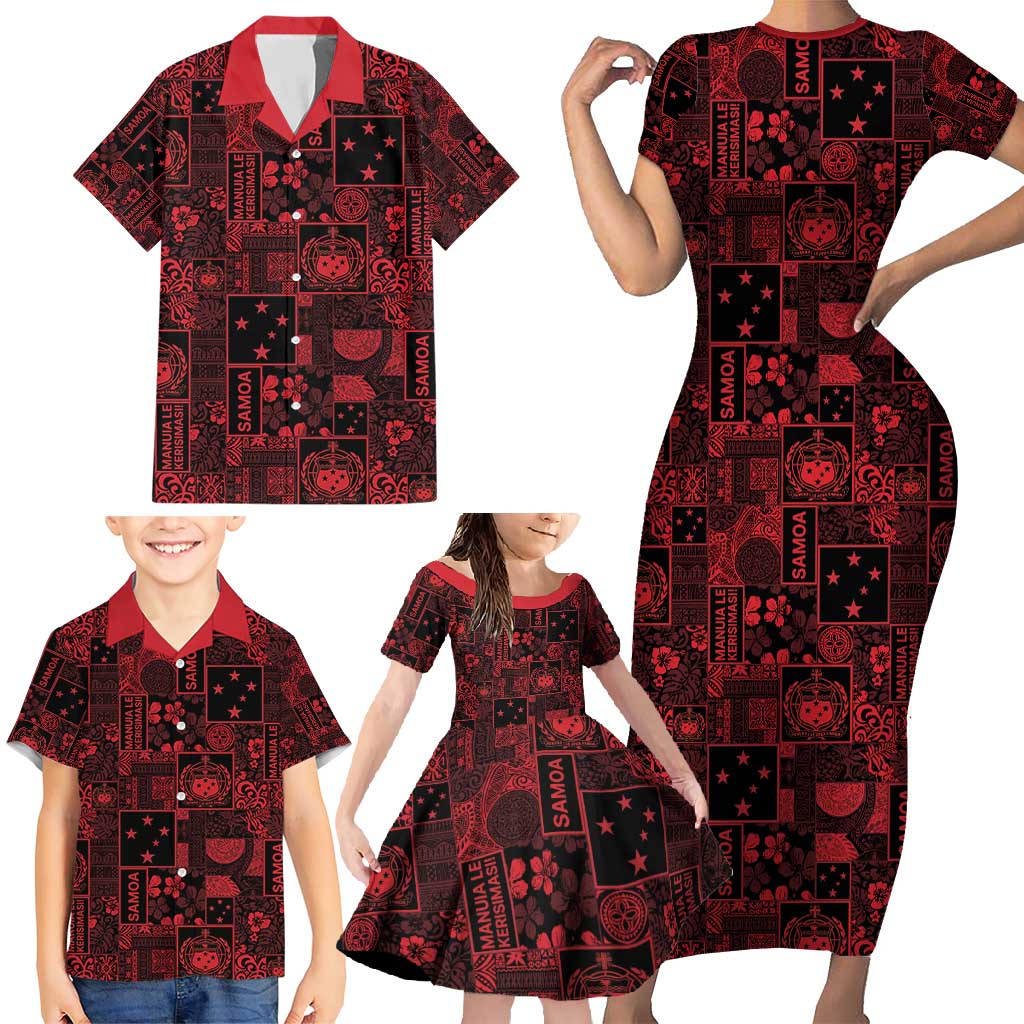 Dark Samoa Manuia Le Kerisimasi Family Matching Short Sleeve Bodycon Dress and Hawaiian Shirt Pacific Patchwork Xmas Vibes - Polynesian Pride