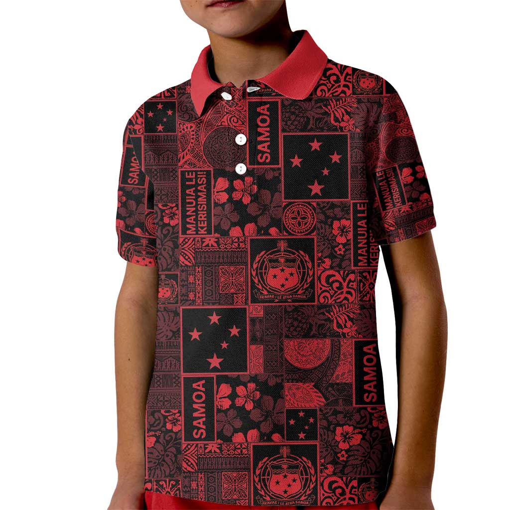 Dark Samoa Manuia Le Kerisimasi Kid Polo Shirt Pacific Patchwork Xmas Vibes - Polynesian Pride