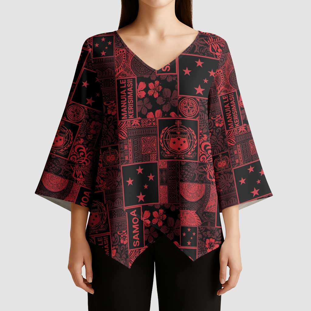 Dark Samoa Manuia Le Kerisimasi Kimono Sleeve Blouse Pacific Patchwork Xmas Vibes - Polynesian Pride