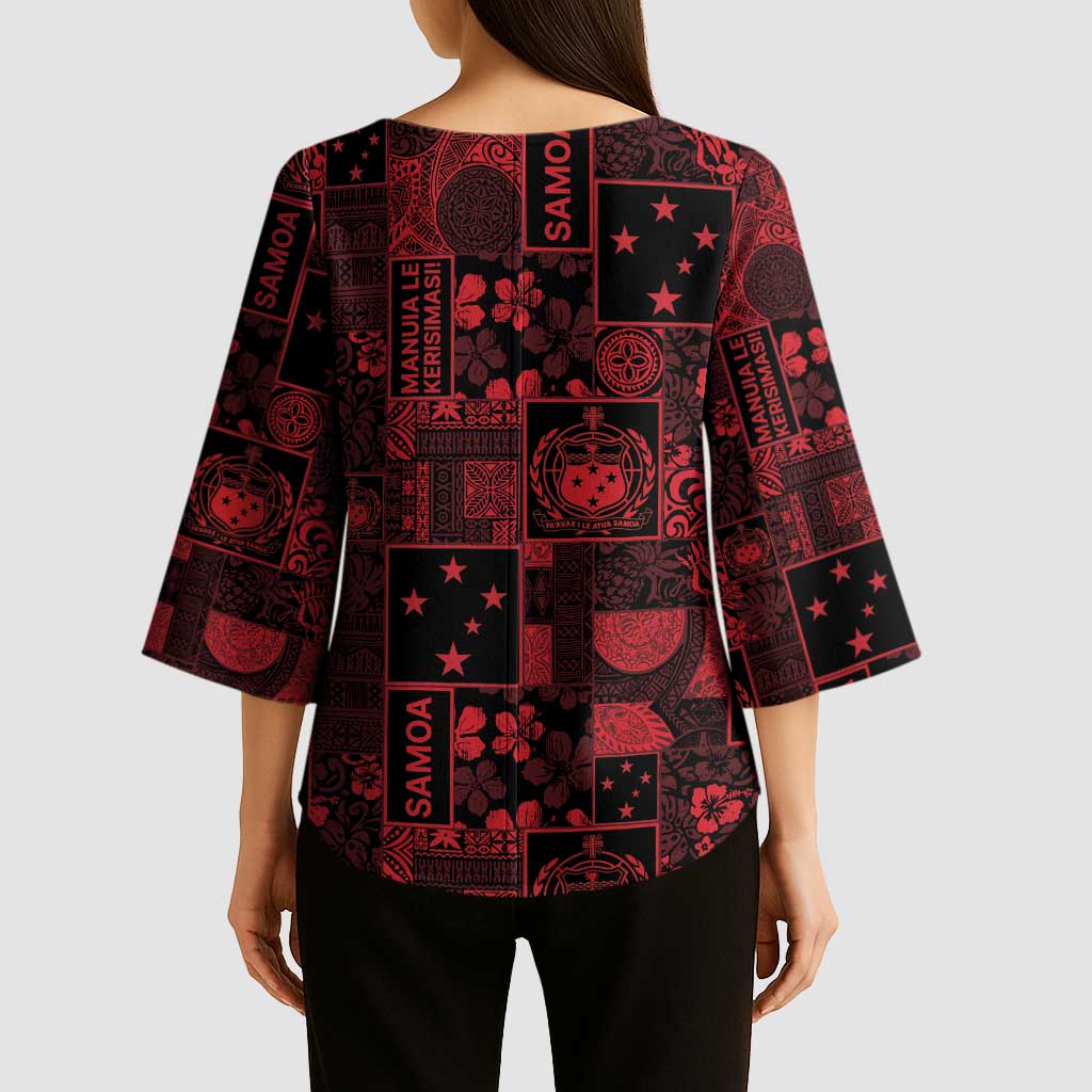Dark Samoa Manuia Le Kerisimasi Kimono Sleeve Blouse Pacific Patchwork Xmas Vibes - Polynesian Pride