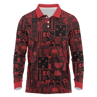 Dark Samoa Manuia Le Kerisimasi Long Sleeve Polo Shirt Pacific Patchwork Xmas Vibes - Polynesian Pride