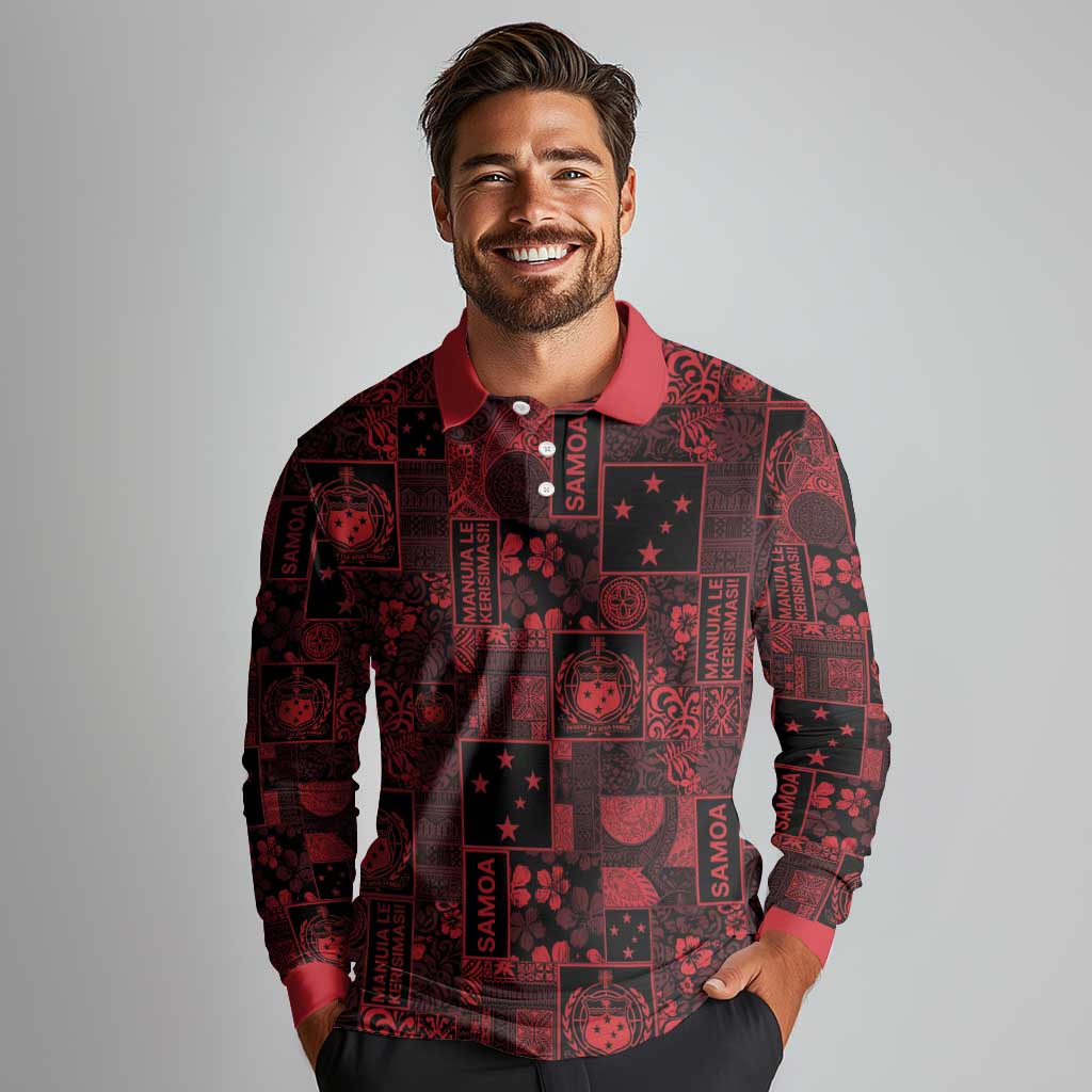 Dark Samoa Manuia Le Kerisimasi Long Sleeve Polo Shirt Pacific Patchwork Xmas Vibes - Polynesian Pride