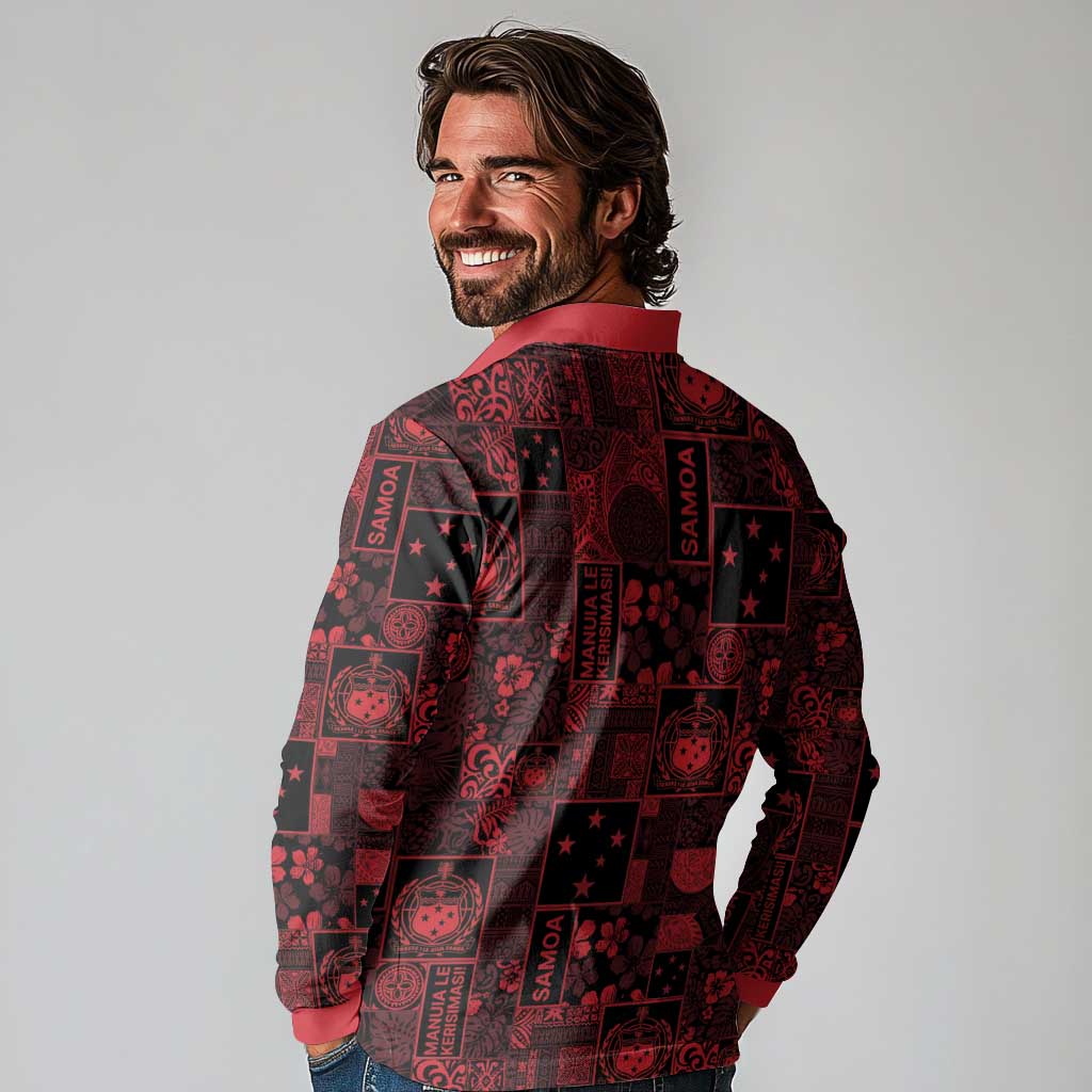 Dark Samoa Manuia Le Kerisimasi Long Sleeve Polo Shirt Pacific Patchwork Xmas Vibes - Polynesian Pride