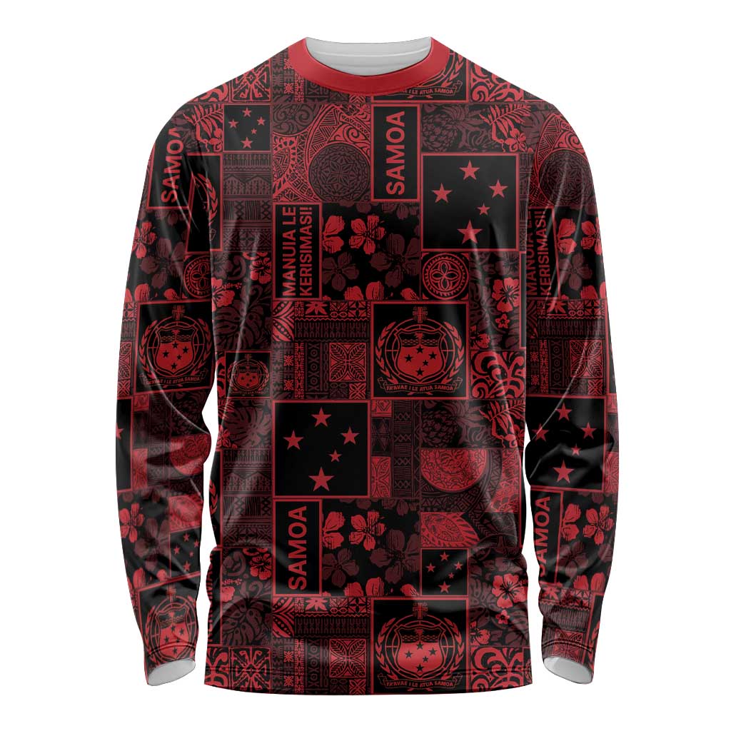 Dark Samoa Manuia Le Kerisimasi Long Sleeve Shirt Pacific Patchwork Xmas Vibes - Polynesian Pride