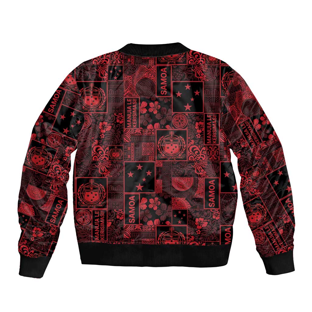 Dark Samoa Manuia Le Kerisimasi Sleeve Zip Bomber Jacket Pacific Patchwork Xmas Vibes - Polynesian Pride
