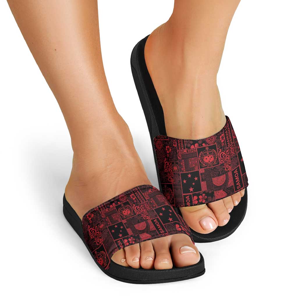 Dark Samoa Manuia Le Kerisimasi Slide Sandals Pacific Patchwork Xmas Vibes - Polynesian Pride